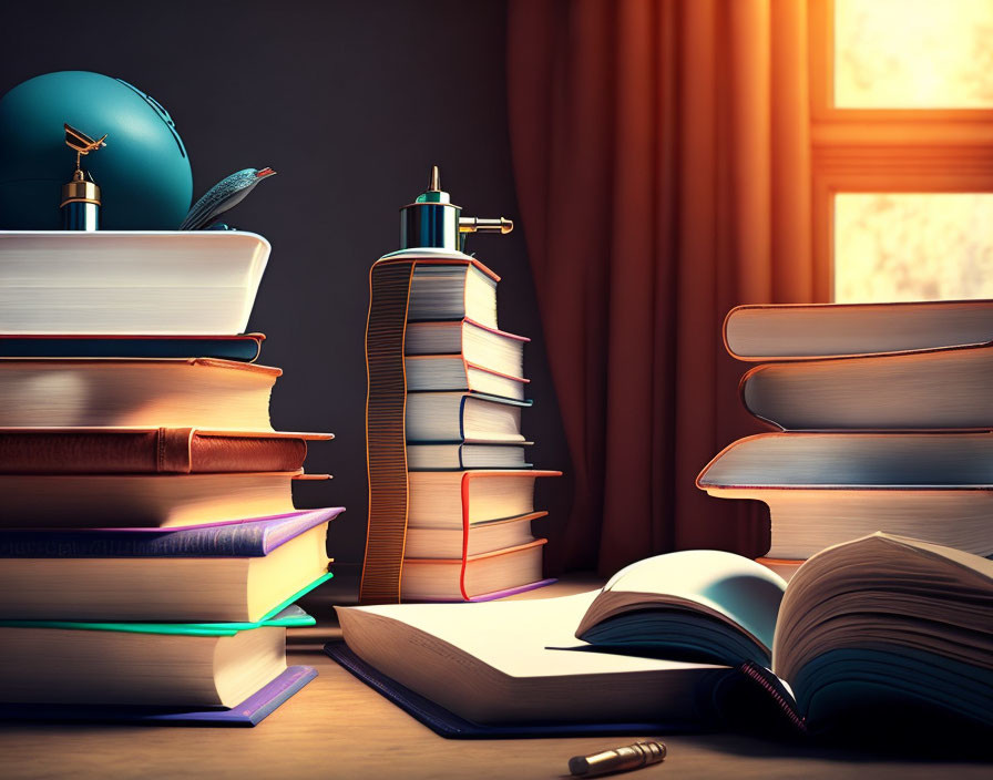 Cozy study scene with stacked books, open notebook, pen, and globe in warm light