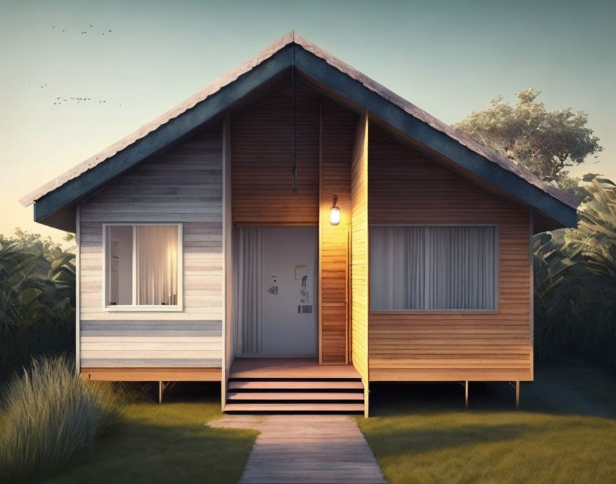 Rustic wooden cabin with gabled roof in tall grasses at dusk