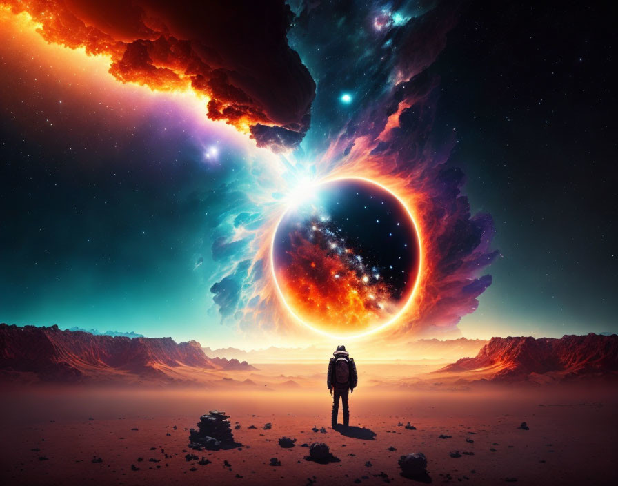 Person gazes at colossal celestial body in surreal cosmic landscape