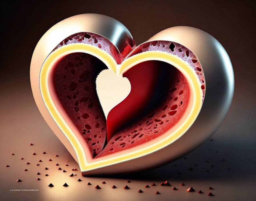 Heart-shaped metallic and velvety red 3D graphic on soft-focus background