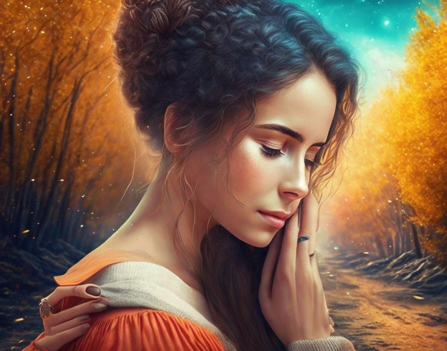 Intricate updo woman lost in thought in autumnal forest