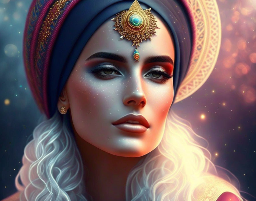 Digital artwork: Woman in cosmic backdrop with blue headdress and jeweled forehead piece.