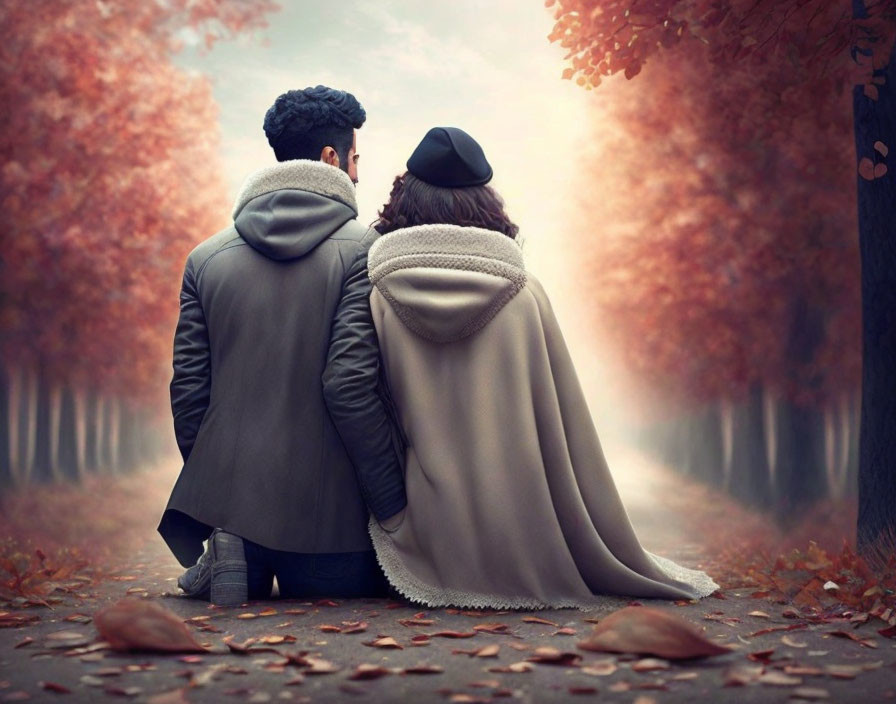 Couple sharing a blanket under autumn trees on peaceful path