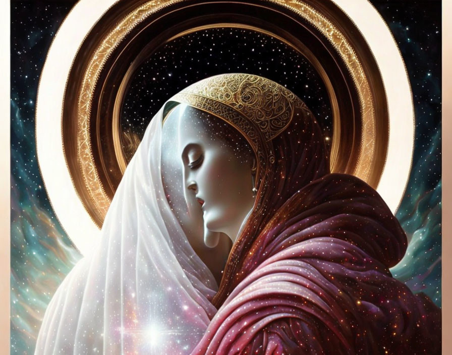 Veiled woman with golden halo in front of starry backdrop