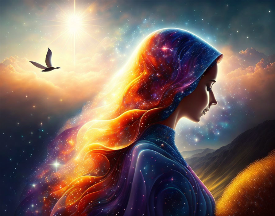 Vibrant cosmic scene in woman's silhouette with star, mountains, and bird