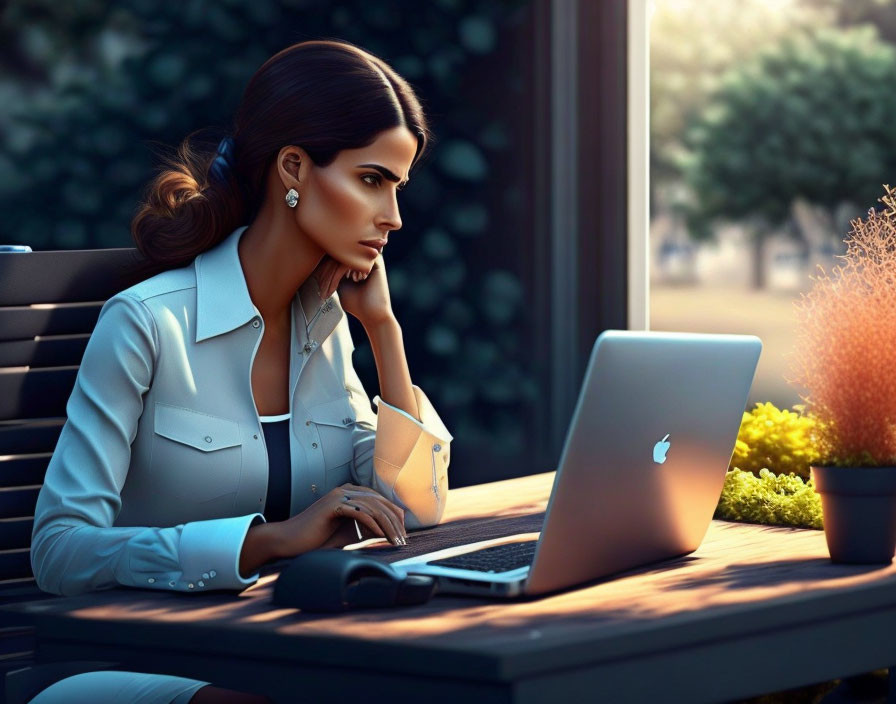 Woman working on laptop in serene outdoor setting