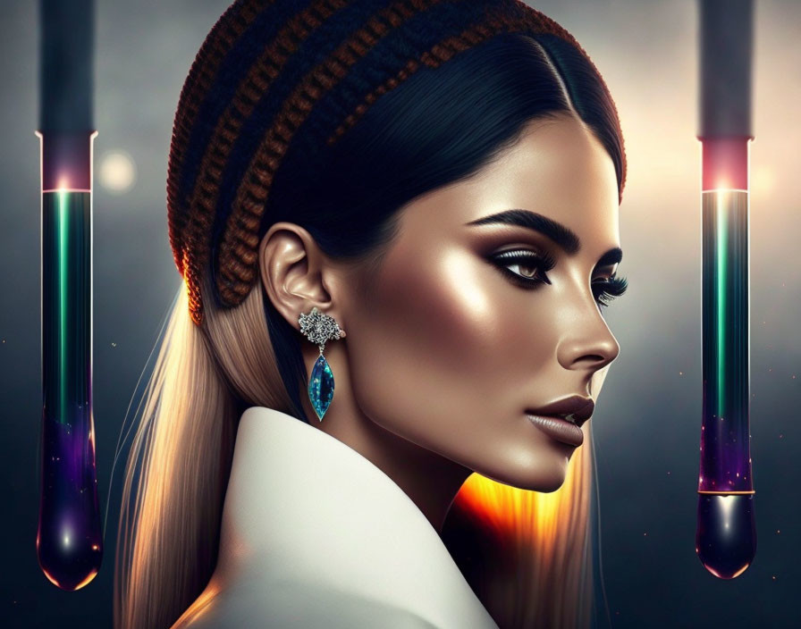 Digital portrait of woman in striking makeup, white outfit, and statement earring against glowing test tube background