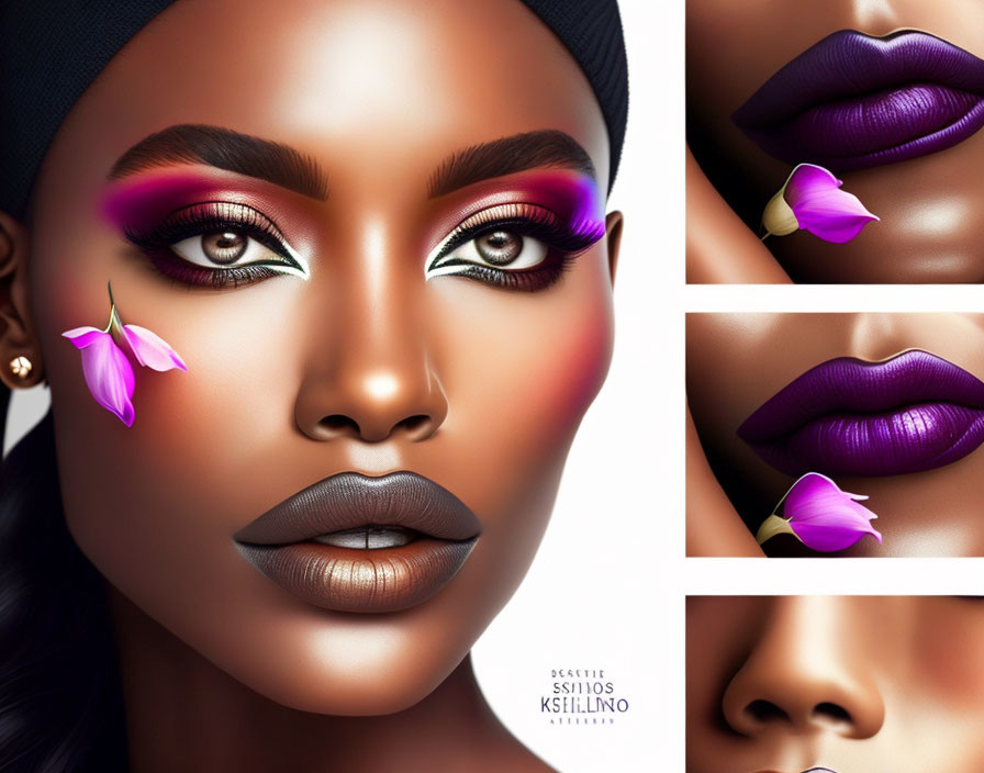 Digital Artwork: Woman with Vibrant Makeup and Purple Flowers