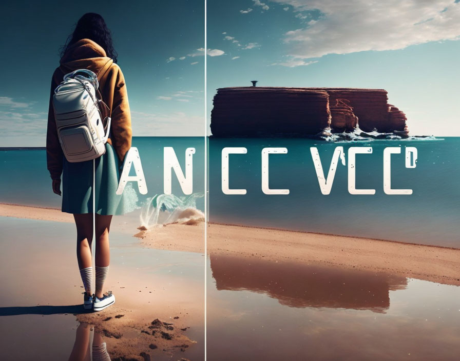 Person standing on beach next to battery-shaped books with letters "ANCC VCC" - Scene Description