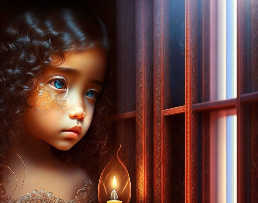 Digital artwork: Young girl with expressive eyes holding a candle by a window