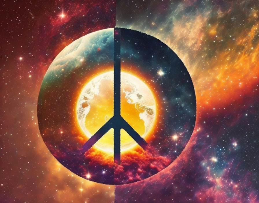 Peace Symbol Over Cosmic Background with Nebulas and Planets