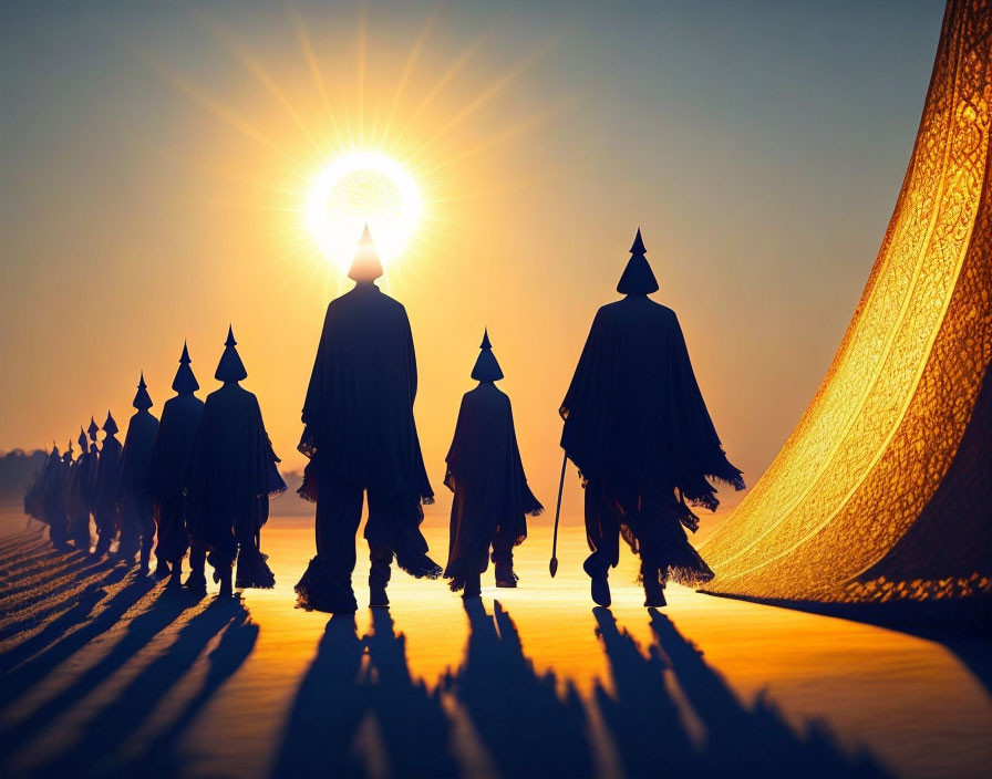 Silhouetted figures in robes walking towards radiant sun