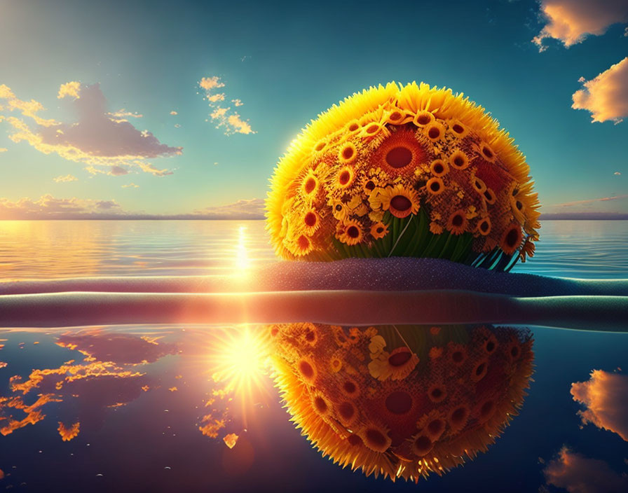 Surreal sunflower sphere with mirror reflection on ocean at sunset