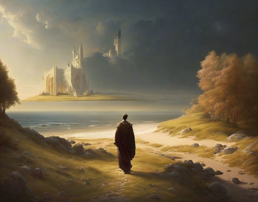 Robed Figure by Misty Lake with Grand Cathedral in Golden-Lit Autumn Landscape