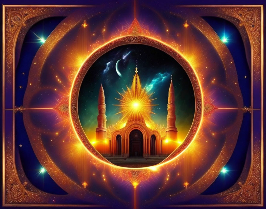 Vibrant digital art: Mosque with glowing minarets & luminous dome in cosmic circular frame