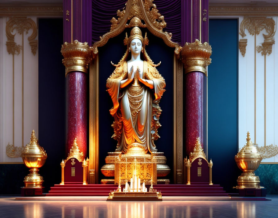 Golden four-armed female deity statue in opulent hall