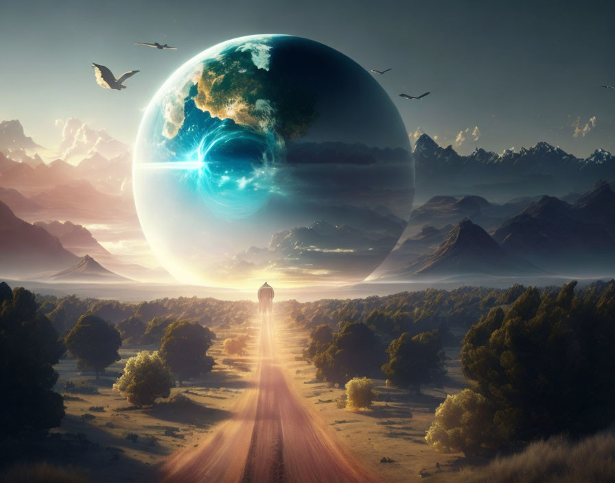 Surreal landscape with Earth-like sphere, birds, and mountains