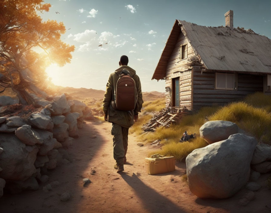 Lonely house in barren landscape with person walking.