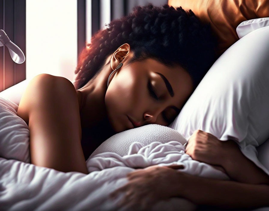 Curly-haired woman sleeping peacefully in dimly lit room