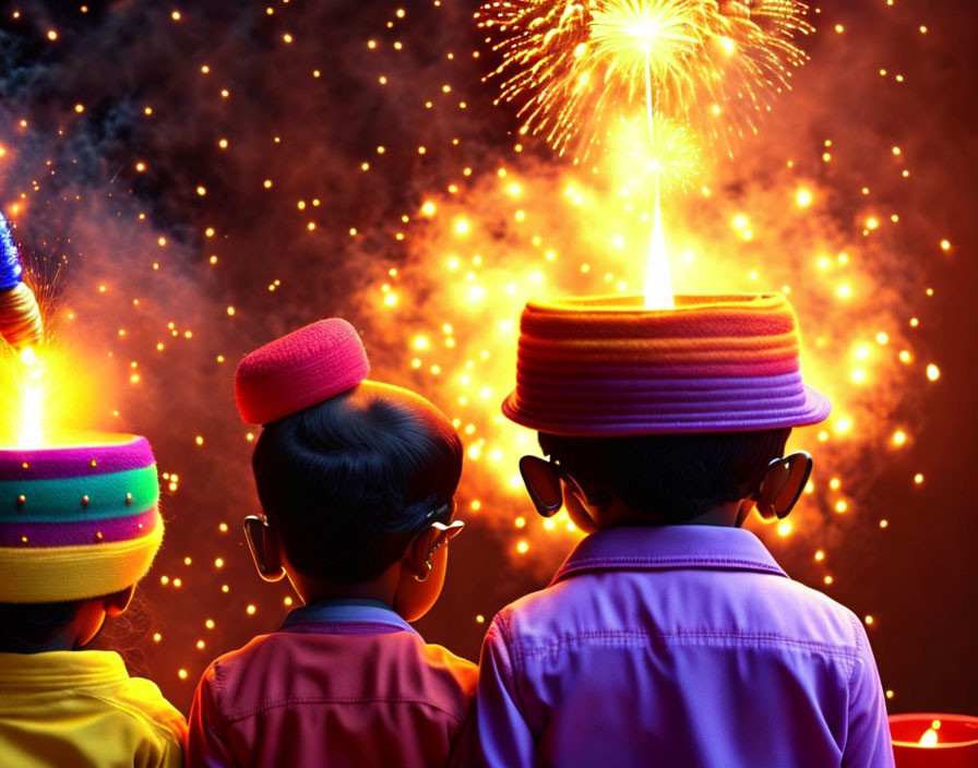 Vibrant fireworks display with children in colorful hats