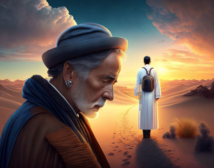 Elderly man in turban gazes at younger man walking into desert sunset