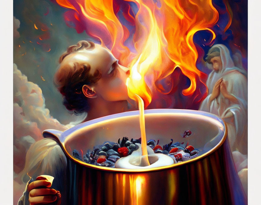 Surreal painting of person inhaling fire from pot with berries and cream