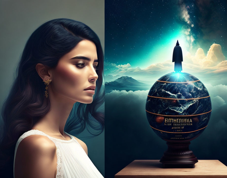 Dark-Haired Woman Profile with Globe and Beacon in Starry Sky