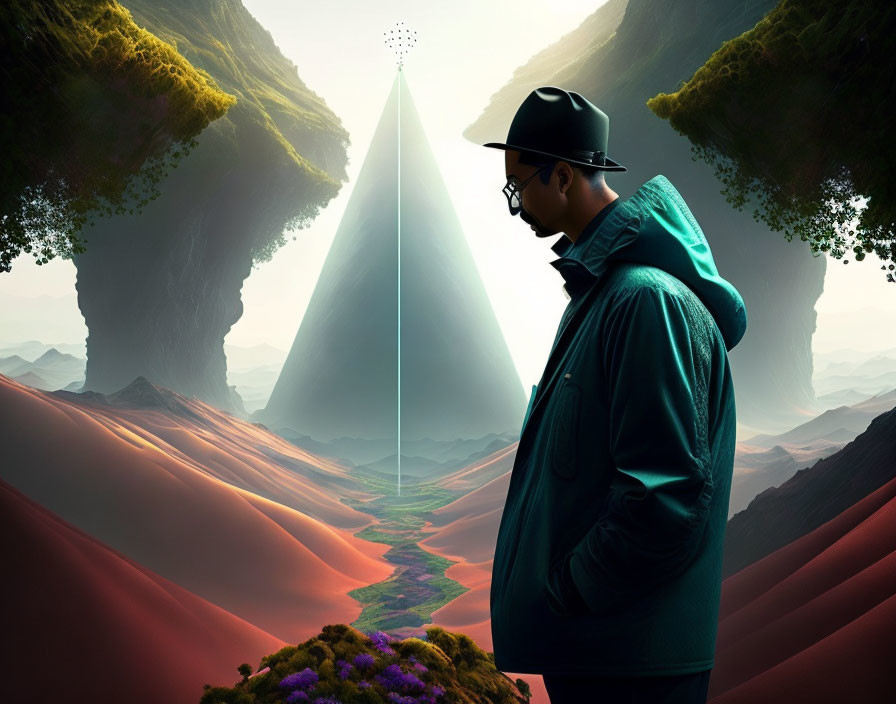 Man in hat and jacket in surreal landscape with triangular light beam, cliffs, and red hills