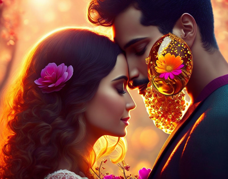 Romantic couple digital artwork with flower beard in autumnal setting