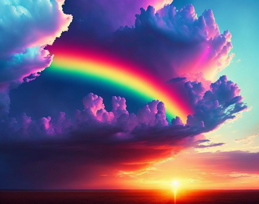 Colorful Rainbow Arcs Over Sunset-Kissed Plain