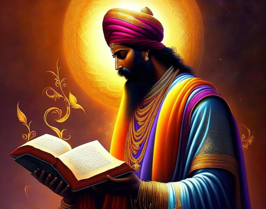 Bearded Man in Turban and Robes Reading Book with Golden Ornate Background