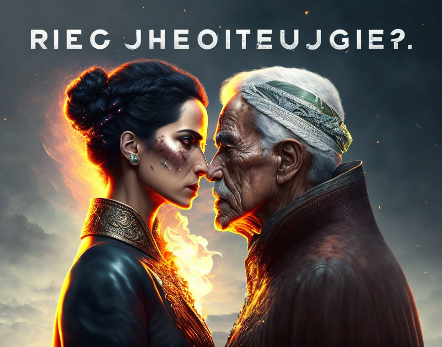 Stylized image of woman and elderly man with flame effect against dark sky