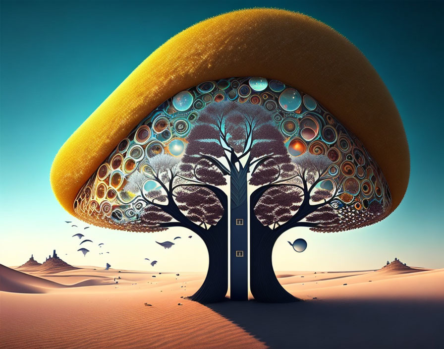 Fantastical tree with mushroom-like canopy in desert landscape