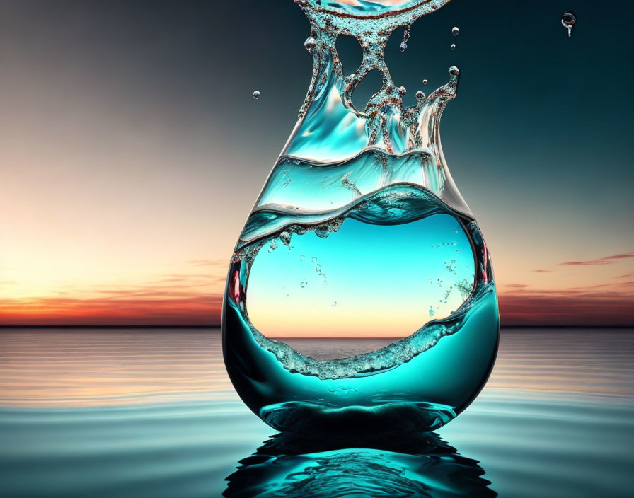 Clear water splash at sunset over calm sea