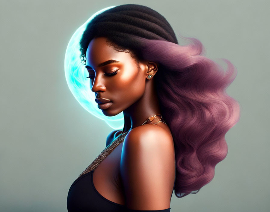 Digital art: Woman with purple hair and luminous blue orb, exuding serene, ethereal vibe