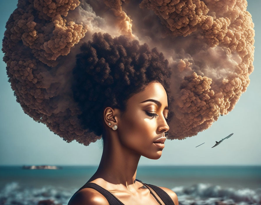 Surreal portrait of woman with mushroom cloud hair and plane over calm sea