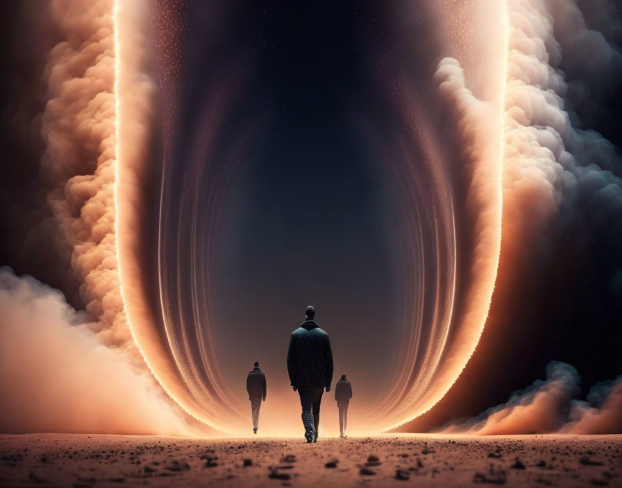 Silhouetted figures walking towards colossal vortex on barren landscape