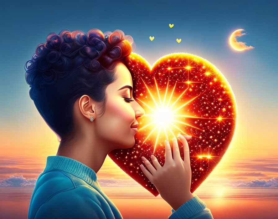 Woman with glowing cosmic heart in twilight sky