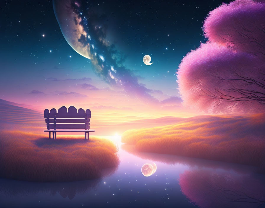 Tranquil landscape with bench, pink trees, starry sky, and large moon at twilight