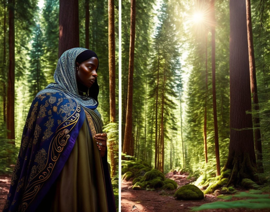 Woman in patterned hijab in sunlit forest with towering trees