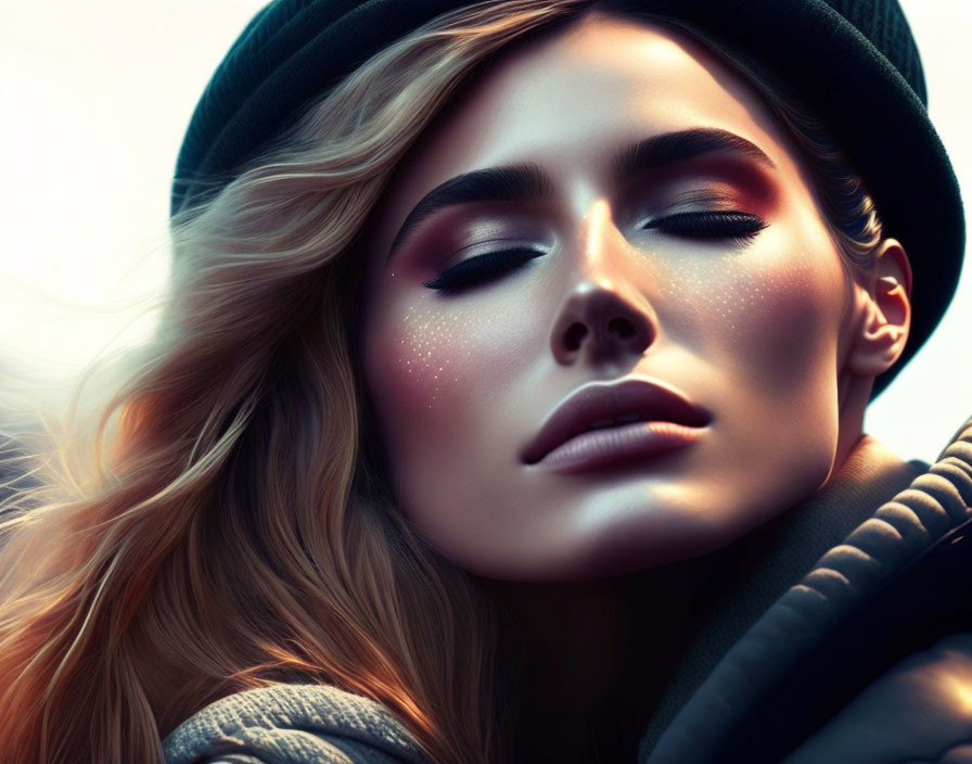 Woman with closed eyes wearing hat and dramatic makeup in warm, backlit setting