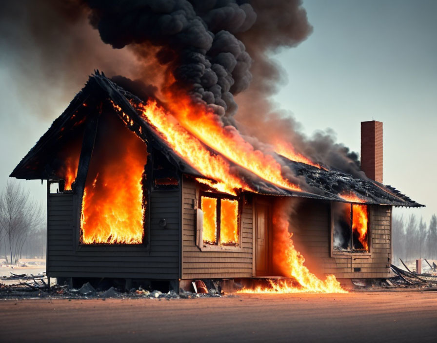 Burning single-story house with thick black smoke