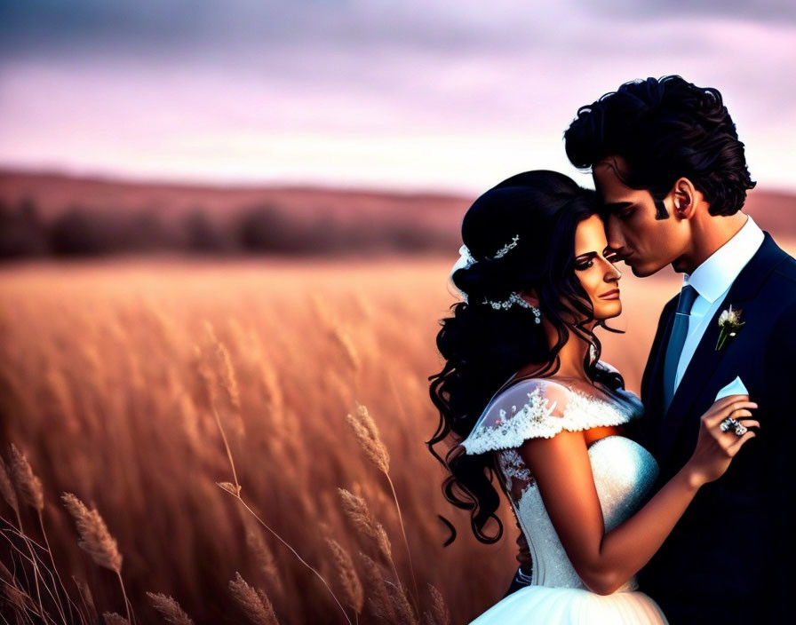 Romantic couple in wedding attire embracing in field at dusk