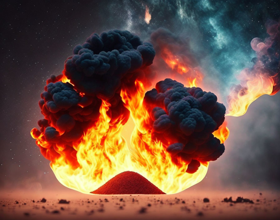 Intense fiery explosion with billowing smoke against starry backdrop