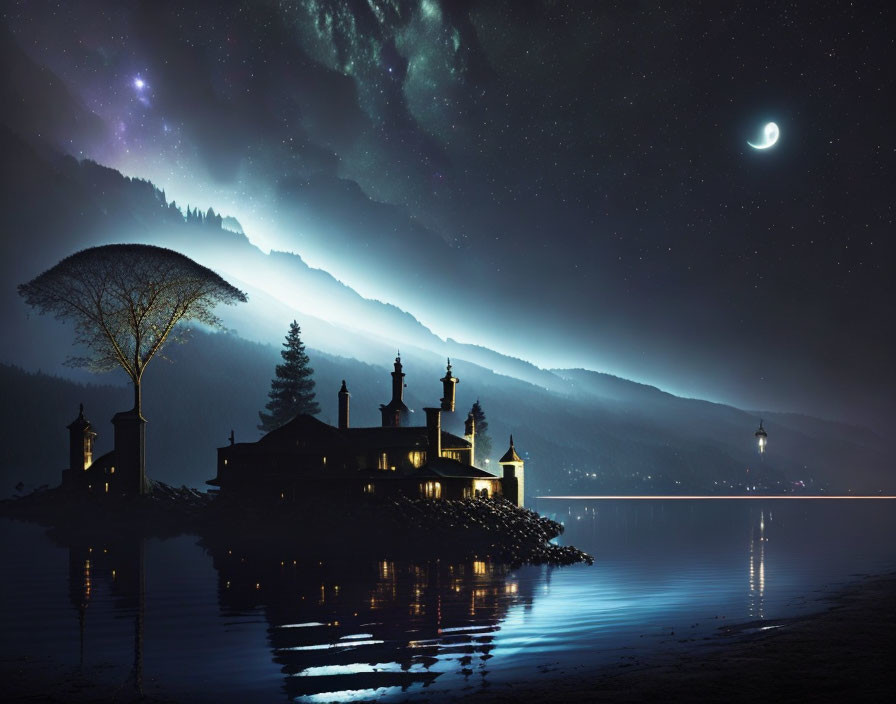 Tranquil night landscape: crescent moon, starry sky, lakeside building, trees,