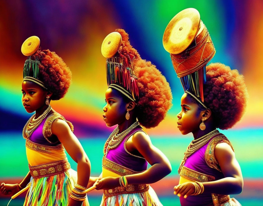 Three girls in traditional attire with decorative headdresses and drums on vibrant background.