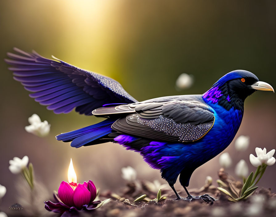 Iridescent Blue-Black Bird with Outstretched Wing Beside Candle-Lit Flower