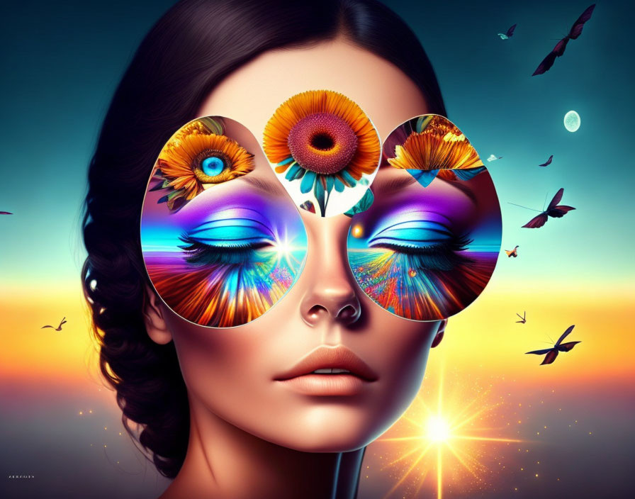 Surreal image: Woman with large round sunglasses reflecting sunsets, flowers, butterflies, serene sky