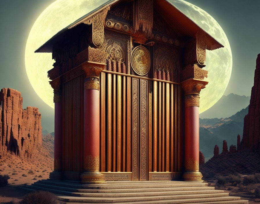 Fantasy temple with golden gates under moon in rocky desert