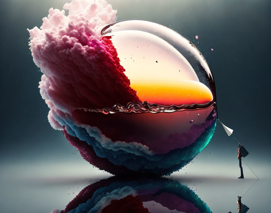 Surreal image of person with umbrella and giant colorful waterdrop bubble